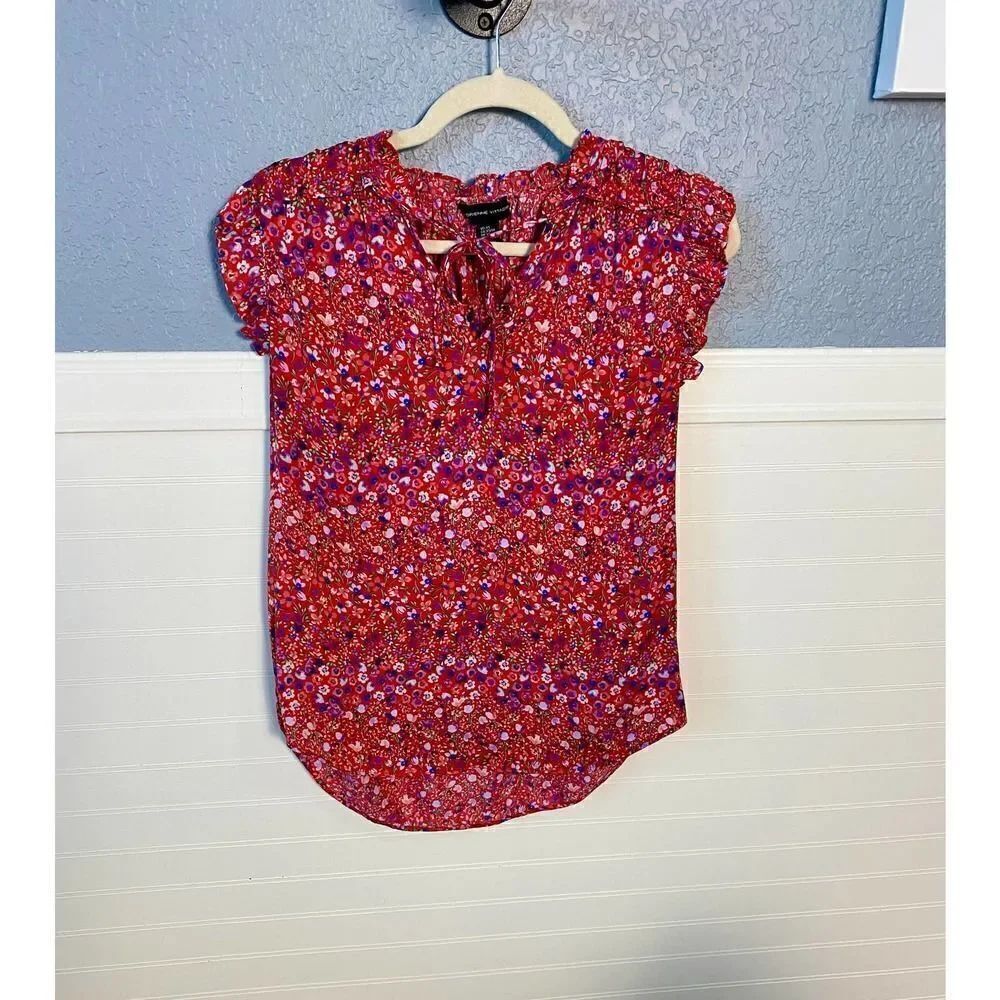 Adrianne Vittadini Red Floral Printed Short Sleeve Blouse Women's Size XS